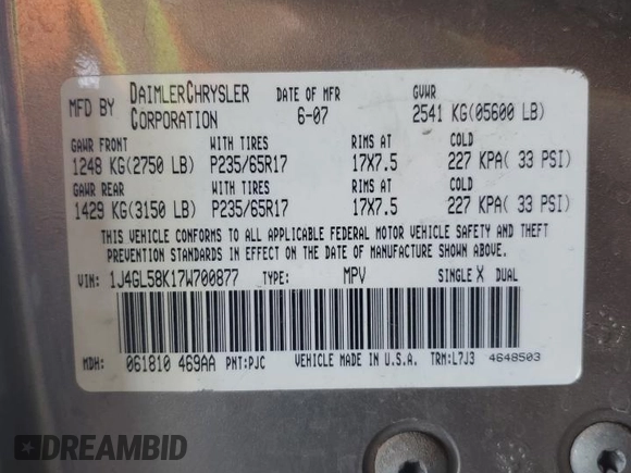 2007 Jeep Liberty Limited z VIN 1J4GL58K17W700877, wystawiony jako Copart lot #60612945 z przebiegiem 86 977 mil mil oraz Szkoda całkowita • Salvage title. Historia ofert i sprzedaży dostępna na DreamBid. Obrazek 12.