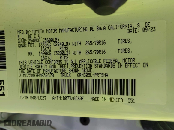 2023 Toyota Tacoma SR with VIN 3TMCZ5AN7PM639378, listed as a IAAI auction lot 42222407 with 38,172 mi miles and . Bid and sale history available at DreamBid. Image 9.