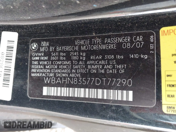 2007 BMW 7 Series 750Li with VIN WBAHN83577DT77290, listed as a IAAI auction lot 41908957 with 164,215 mi miles. Bid and sale history available at carsss.com. Image 9.