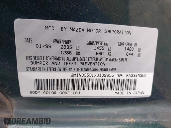 1999 Mazda MX-5 Miata z VIN JM1NB3531X0102955, wystawiony jako IAAI lot #42223214 z przebiegiem Nie podano mil oraz . Historia ofert i sprzedaży dostępna na DreamBid. Obrazek 9.