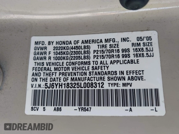 2005 Honda Element LX with VIN 5J6YH18325L008312, listed as a IAAI auction lot 41731628 with 177,797 mi miles and . Bid and sale history available at DreamBid. Image 9.