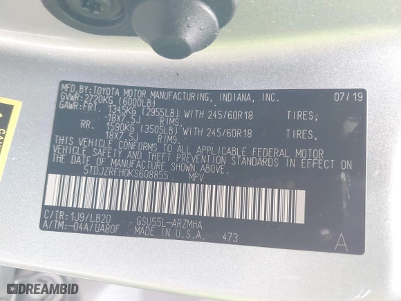 2019 Toyota Highlander SE with VIN 5TDJZRFH0KS608855, listed as a IAAI auction lot 41765566 with 30,228 mi miles. Bid and sale history available at carsss.com. Image 9.