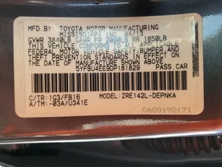 2013 Toyota Corolla L with VIN 5YFBU4EE9DP181829, listed as a Copart auction lot 54594115 with 185,546 mi miles and Salvage Title. Bid and sale history available at DreamBid. Image 12.