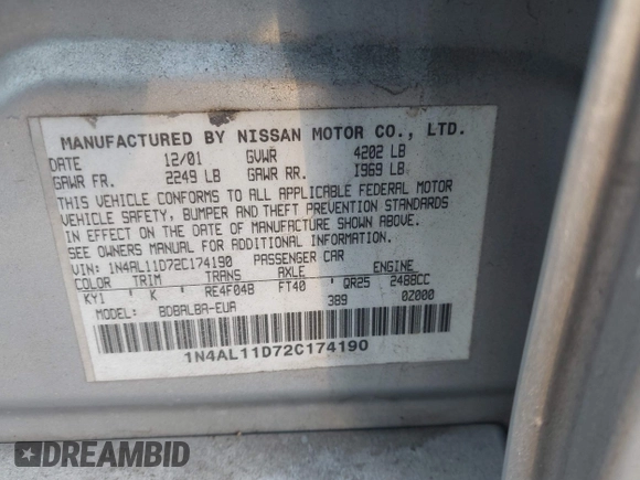 2002 Nissan Altima S with VIN 1N4AL11D72C174190, listed as a IAAI auction lot 41390812 with 171,646 mi miles. Bid and sale history available at carsss.com. Image 9.
