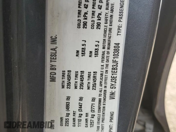 2018 Tesla Model 3 Long Range Battery z VIN 5YJ3E1EB3JF103804, wystawiony jako Copart lot #83752134 z przebiegiem 128 507 mil mil oraz Szkoda całkowita • Salvage title. Historia ofert i sprzedaży dostępna na DreamBid. Obrazek 13.