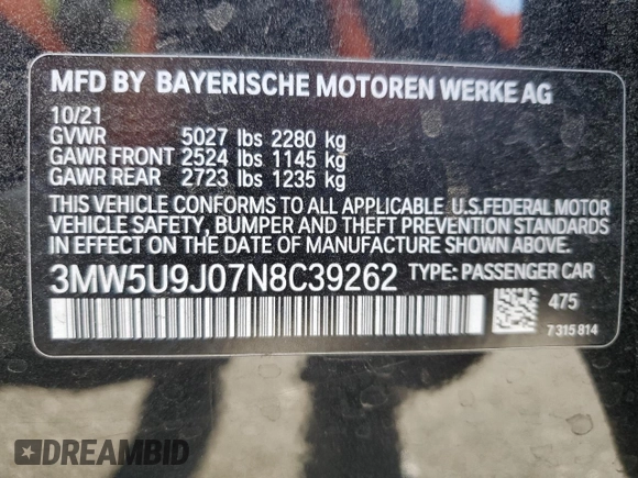 2022 BMW 3 Series M340i xDrive with VIN 3MW5U9J07N8C39262, listed as a Copart auction lot 80432904 with 36,104 mi miles and Non Repairable. Bid and sale history available at carsss.com. Image 12.