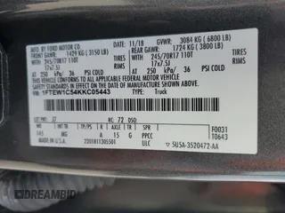 2019 Ford F-150 XL with VIN 1FTEW1C54KKC05443, listed as a Copart auction lot 50547445 with 133,701 mi miles and Salvage Title. Bid and sale history available at DreamBid. Image 12.