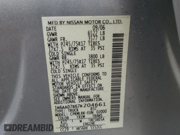 2007 Nissan Titan XE z VIN 1N6AA07B67N204661, wystawiony jako Copart lot #52316275 z przebiegiem 168 269 mil mil oraz Szkoda całkowita • Salvage title. Historia ofert i sprzedaży dostępna na DreamBid. Obrazek 14.