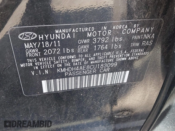 2012 Hyundai Elantra Limited with VIN KMHDH4AE8CU183099, listed as a IAAI auction lot 42632356 with 182,110 mi miles and . Bid and sale history available at DreamBid. Image 9.