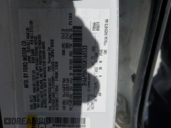 2016 Ford Fusion SE with VIN 3FA6P0H70GR160533, listed as a Copart auction lot 55467335 with 187,556 mi miles and Salvage title. Bid and sale history available at DreamBid. Image 12.