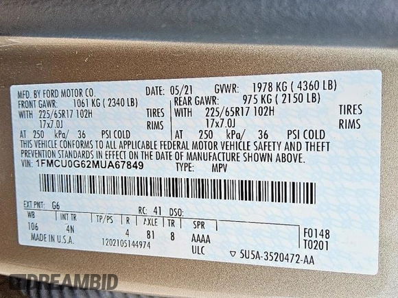 2021 Ford Escape SE with VIN 1FMCU0G62MUA67849, listed as a Copart auction lot 62469235 with 109,012 mi miles and Clean title. Bid and sale history available at DreamBid. Image 13.
