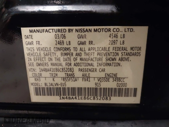 2006 Nissan Maxima 3.5 SE with VIN 1N4BA41E86C852083, listed as a IAAI auction lot 41677569 with 95,145 mi miles. Bid and sale history available at carsss.com. Image 9.