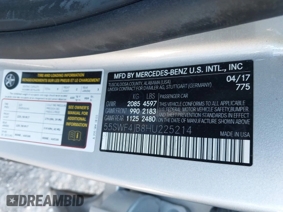 2017 Mercedes-Benz C 300 with VIN 55SWF4JB8HU225214, listed as a IAAI auction lot 41762581 with 80,047 mi miles and . Bid and sale history available at carsss.com. Image 9.
