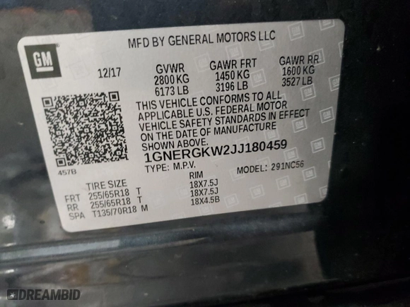 2018 Chevrolet Traverse LT Cloth with VIN 1GNERGKW2JJ180459, listed as a Copart auction lot 52511525 with 107,238 mi miles and Clean Title. Bid and sale history available at carsss.com. Image 13.