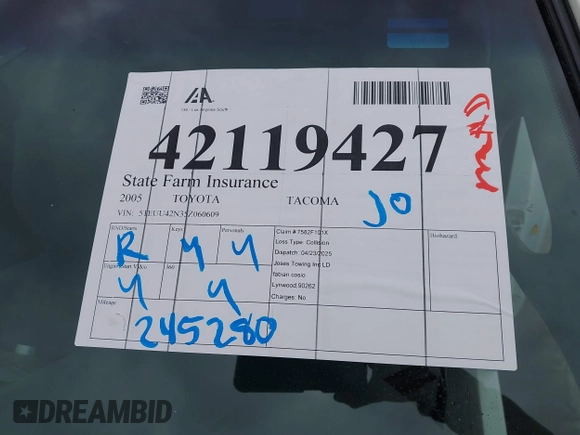 2005 Toyota Tacoma z VIN 5TEUU42N35Z060609, wystawiony jako IAAI lot #42119427 z przebiegiem 245 280 mil mil oraz . Historia ofert i sprzedaży dostępna na DreamBid. Obrazek 18.