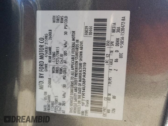 2008 Ford Ranger XL with VIN 1FTYR14U38PA93319, listed as a Copart auction lot 80343634 with 57,364 mi miles and Salvage Title. Bid and sale history available at DreamBid. Image 12.