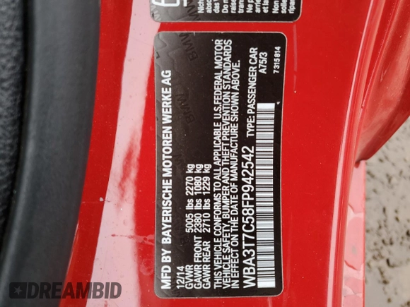 2015 BMW 4 Series 435i xDrive with VIN WBA3T7C58FP942542, listed as a Copart auction lot 78869484 with 75,392 mi miles and Salvage title. Bid and sale history available at DreamBid. Image 14.