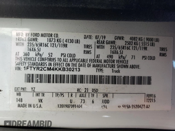 2019 Ford Transit with VIN 1FTYR2CM4KKB30213, listed as a Copart auction lot 82608654 with 483,911 mi miles and Salvage Title. Bid and sale history available at carsss.com. Image 13.
