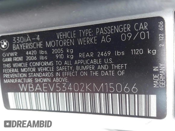 2002 BMW 3 Series 330i with VIN WBAEV53402KM15066, listed as a IAAI auction lot 42053080 with Not Provided miles and . Bid and sale history available at DreamBid. Image 9.
