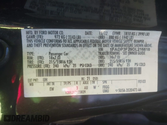 2013 Ford Focus SE z VIN 1FADP3F29DL216818, wystawiony jako IAAI lot #42347855 z przebiegiem 138 921 mil mil oraz . Historia ofert i sprzedaży dostępna na DreamBid. Obrazek 9.