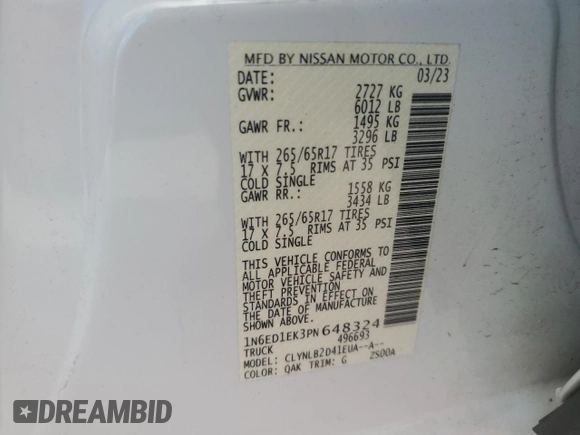 2023 Nissan Frontier SV with VIN 1N6ED1EK3PN648324, listed as a Copart auction lot 78440414 with 31,368 mi miles and Salvage title. Bid and sale history available at DreamBid. Image 12.