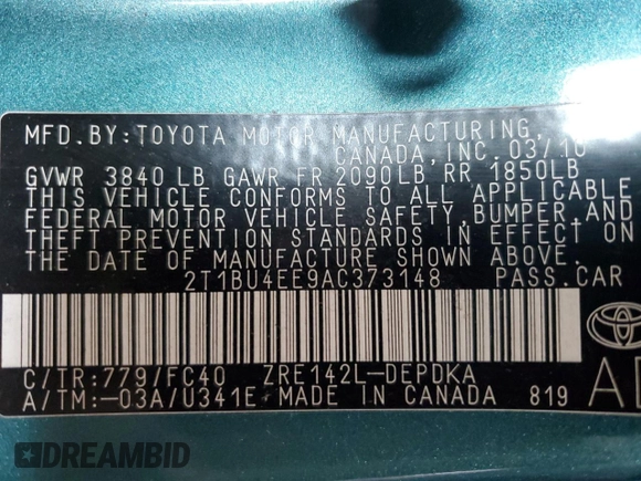 2010 Toyota Corolla with VIN 2T1BU4EE9AC373148, listed as a Copart auction lot 52305235 with 150,476 mi miles and Salvage Title. Bid and sale history available at DreamBid. Image 12.