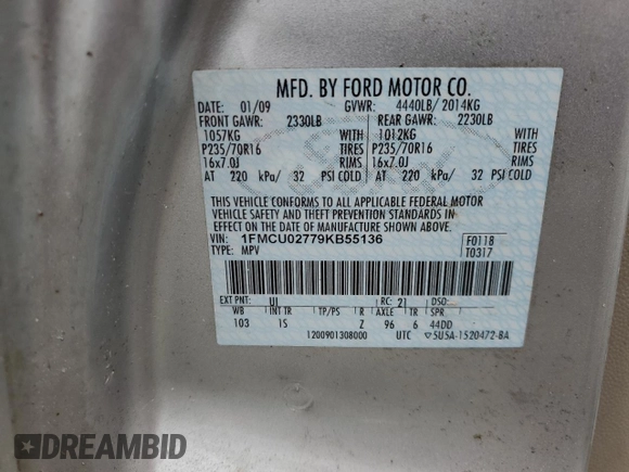2009 Ford Escape XLS with VIN 1FMCU02779KB55136, listed as a Copart auction lot 81513864 with 108,906 mi miles and Salvage title. Bid and sale history available at DreamBid. Image 13.