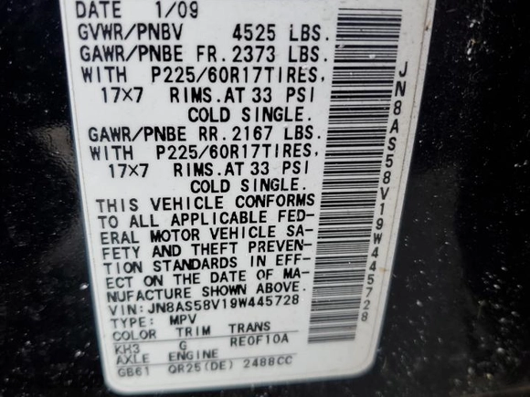 2009 Nissan Rogue SL with VIN JN8AS58V19W445728, listed as a Copart auction lot 42926025 with 0 mi miles and Salvage Title. Bid and sale history available at carsss.com. Image 14.