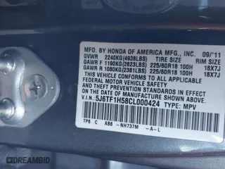 2012 Honda Crosstour EX-L with VIN 5J6TF1H58CL000424, listed as a IAAI auction lot 41606327 with 255,124 mi miles. Bid and sale history available at carsss.com. Image 9.