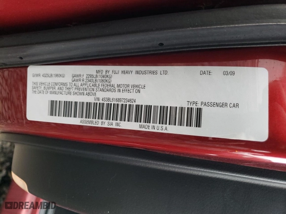 2009 Subaru Legacy Special Edition with VIN 4S3BL616897234624, listed as a Copart auction lot 43168275 with 161,158 mi miles and Salvage Title. Bid and sale history available at carsss.com. Image 12.