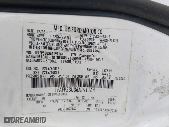 2006 Ford Taurus SE with VIN 1FAFP53U36A191164, listed as a IAAI auction lot 41768627 with 190,277 mi miles. Bid and sale history available at carsss.com. Image 9.