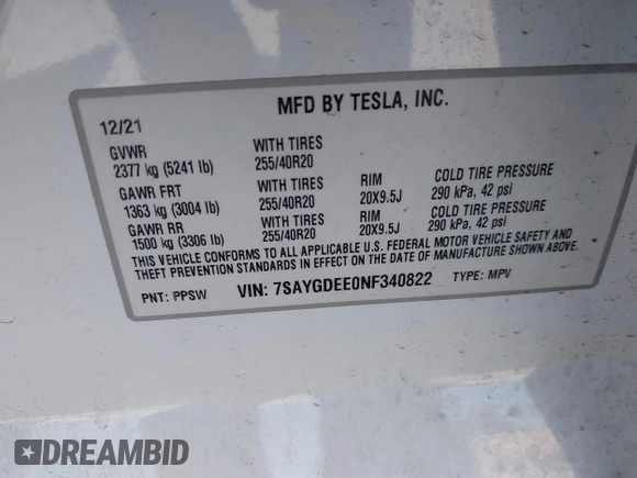 2022 Tesla Model Y Long Range with VIN 7SAYGDEE0NF340822, listed as a IAAI auction lot 41881224 with Not Provided miles and . Bid and sale history available at DreamBid. Image 9.