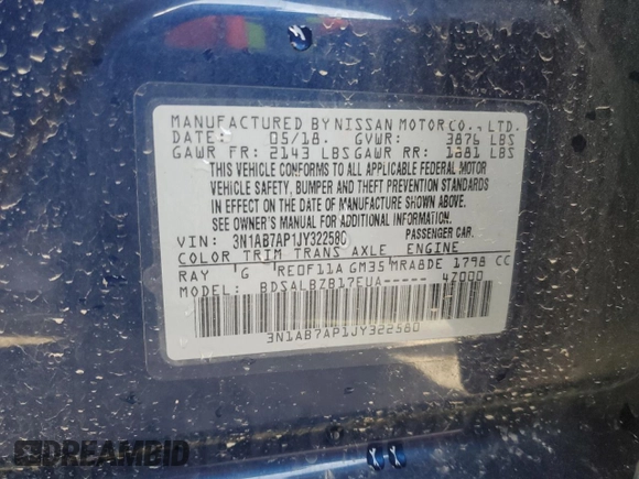 2018 Nissan Sentra S with VIN 3N1AB7AP1JY322580, listed as a Copart auction lot 51759735 with 37,812 mi miles and Non Repairable. Bid and sale history available at carsss.com. Image 15.