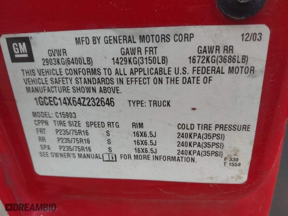 2004 Chevrolet Silverado 1500 Work Truck with VIN 1GCEC14X64Z232646, listed as a IAAI auction lot 40932577 with 267,728 mi miles. Bid and sale history available at carsss.com. Image 9.