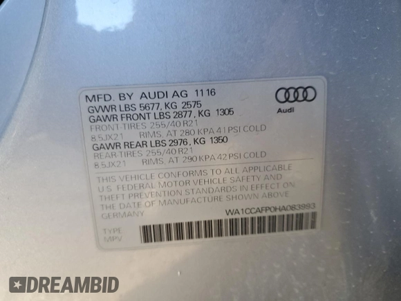 2017 Audi SQ5 Premium Plus with VIN WA1CCAFP0HA083993, listed as a Copart auction lot 39702813 with 84,662 mi miles. Bid and sale history available at carsss.com. Image 13.