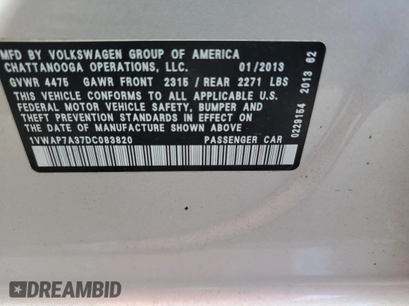2013 Volkswagen Passat Wolfsburg Edition with VIN 1VWAP7A37DC083820, listed as a Copart auction lot 61404064 with 100,754 mi miles and Salvage title. Bid and sale history available at DreamBid. Image 12.