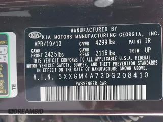 2013 Kia Optima LX z VIN 5XXGM4A72DG208410, wystawiony jako IAAI lot #42078867 z przebiegiem 89 033 mil mil oraz . Historia ofert i sprzedaży dostępna na DreamBid. Obrazek 9.