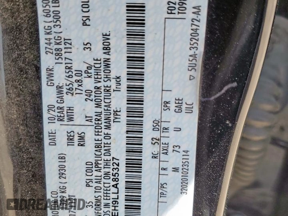 2020 Ford Ranger XL with VIN 1FTER4EH9LLA85327, listed as a Copart auction lot 58895515 with 52,156 mi miles and Salvage title. Bid and sale history available at DreamBid. Image 13.