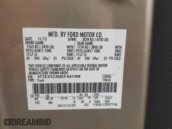 2014 Ford F-150 XL with VIN 1FTEX1CM2EFA41398, listed as a Copart auction lot 58332005 with 131,917 mi miles and Salvage title. Bid and sale history available at DreamBid. Image 13.
