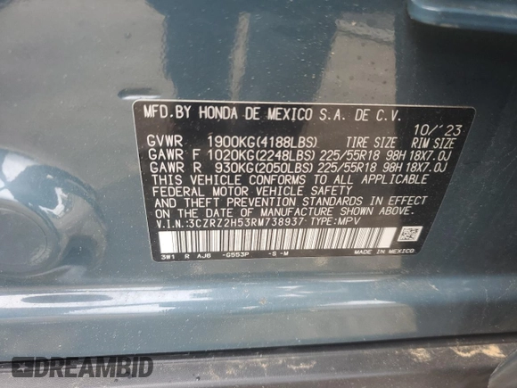 2024 Honda HR-V Sport with VIN 3CZRZ2H53RM738937, listed as a Copart auction lot 55918195 with 37,970 mi miles and Salvage title. Bid and sale history available at DreamBid. Image 12.