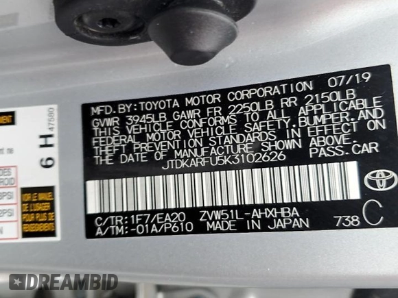 2019 Toyota Prius L Eco с VIN JTDKARFU5K3102626, выставлен на аукционе Copart как лот 58918095 с пробегом 64 930 миль миль и Списание • Salvage title. История ставок и продаж доступна на DreamBid. Изображение 12.