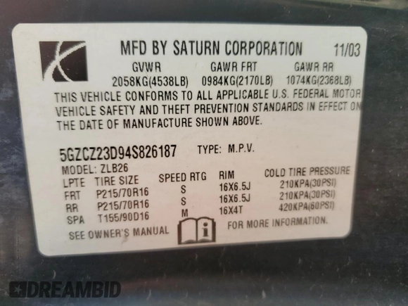 2004 Saturn VUE with VIN 5GZCZ23D94S826187, listed as a Copart auction lot 72641114 with 241,355 mi miles and Salvage Title. Bid and sale history available at DreamBid. Image 13.