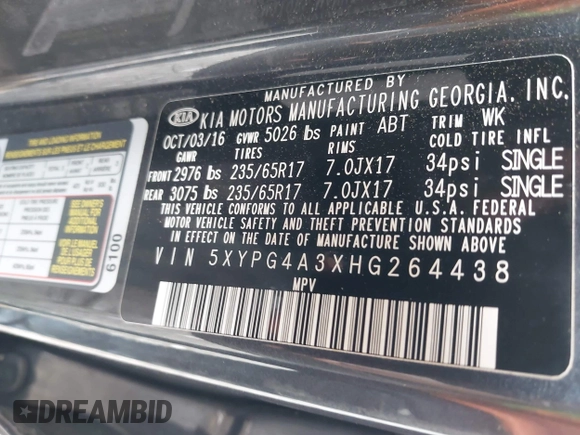 2017 Kia Sorento LX with VIN 5XYPG4A3XHG264438, listed as a IAAI auction lot 42135558 with 112,829 mi miles. Bid and sale history available at carsss.com. Image 9.