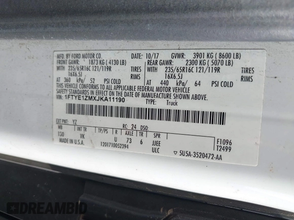 2018 Ford Transit z VIN 1FTYE1ZMXJKA11190, wystawiony jako IAAI lot #42683840 z przebiegiem 175 427 mil mil oraz . Historia ofert i sprzedaży dostępna na DreamBid. Obrazek 9.