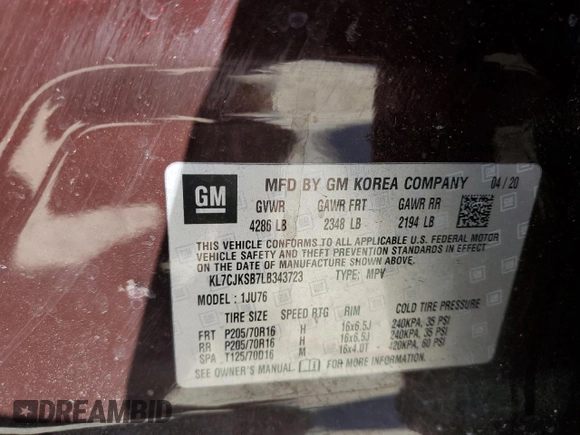 2020 Chevrolet Trax LS with VIN KL7CJKSB7LB343723, listed as a Copart auction lot 46737795 with 86,548 mi miles and Non Repairable. Bid and sale history available at carsss.com. Image 13.