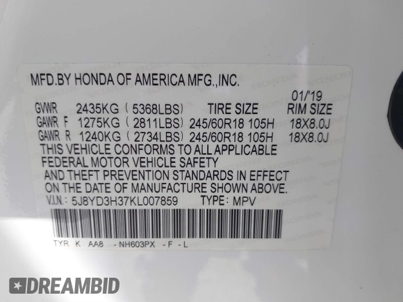 2019 Acura MDX with VIN 5J8YD3H37KL007859, listed as a IAAI auction lot 41656164 with 59,838 mi miles and . Bid and sale history available at DreamBid. Image 9.