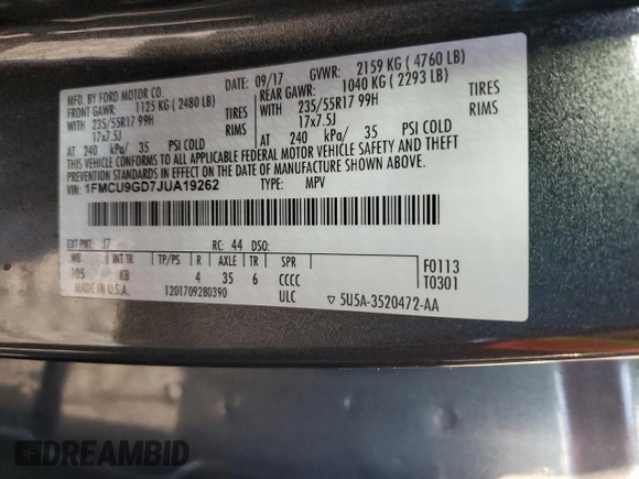 2018 Ford Escape SE z VIN 1FMCU9GD7JUA19262, wystawiony jako Copart lot #84627944 z przebiegiem 89 993 mil mil oraz Szkoda całkowita • Salvage title. Historia ofert i sprzedaży dostępna na DreamBid. Obrazek 14.