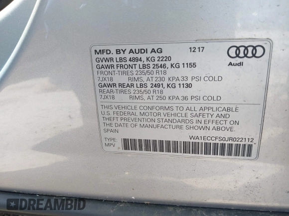 2018 Audi Q3 Premium with VIN WA1ECCFS0JR022112, listed as a IAAI auction lot 42356014 with 56,671 mi miles and . Bid and sale history available at DreamBid. Image 9.