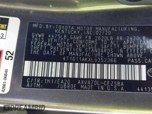 2020 Toyota Camry SE with VIN 4T1G11AKXLU352366, listed as a Copart auction lot 52066575 with 39,688 mi miles and Clean Title. Bid and sale history available at carsss.com. Image 10.