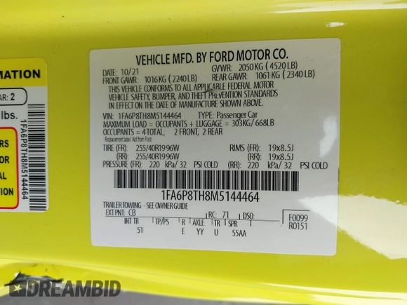 2021 Ford Mustang EcoBoost with VIN 1FA6P8TH8M5144464, listed as a IAAI auction lot 41566467 with 40,758 mi miles. Bid and sale history available at carsss.com. Image 9.